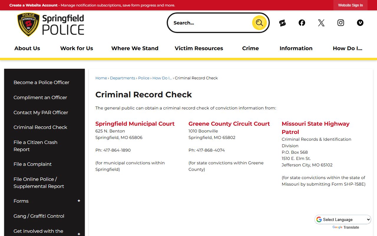 Springfield recent arrests criminal record check information
